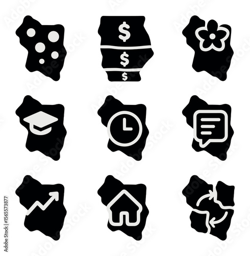 Demographic Icons Grid. Solid, filled icons set of demographic map layers: population density, income range,