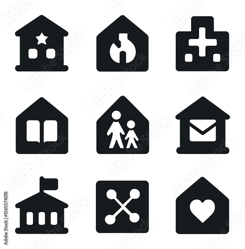 Public Service Icons. Solid, filled icons set of public service maps: police station, fire department,