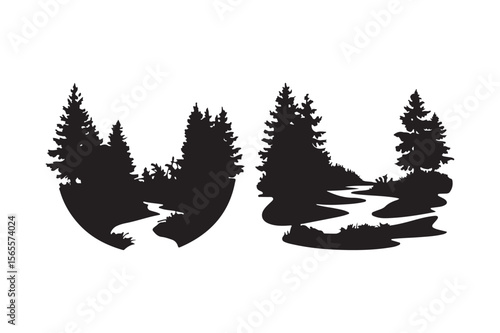 Silhouettes of evergreen trees and winding rivers in a natural landscape