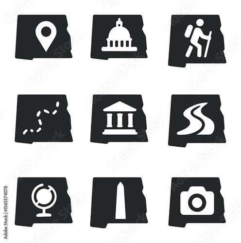 Tourism Map Icons. Solid, filled icons set of tourism state maps: attractions pin, landmark icon, trailhead,