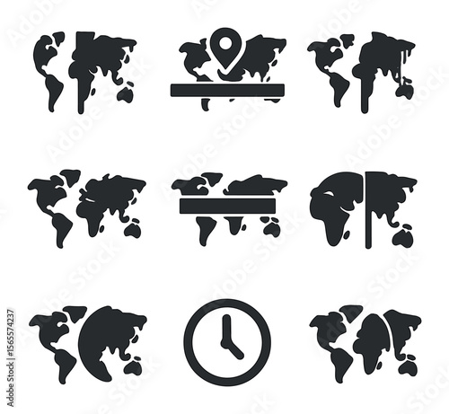 Time Zone Icons. Solid, filled icons set of time zone maps: GMT line, offset marker, daylight saving band,