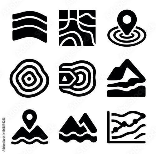 Satellite Map Icon Set. Solid, filled icons set of satellite elevation maps: altitude band, terrain grid,