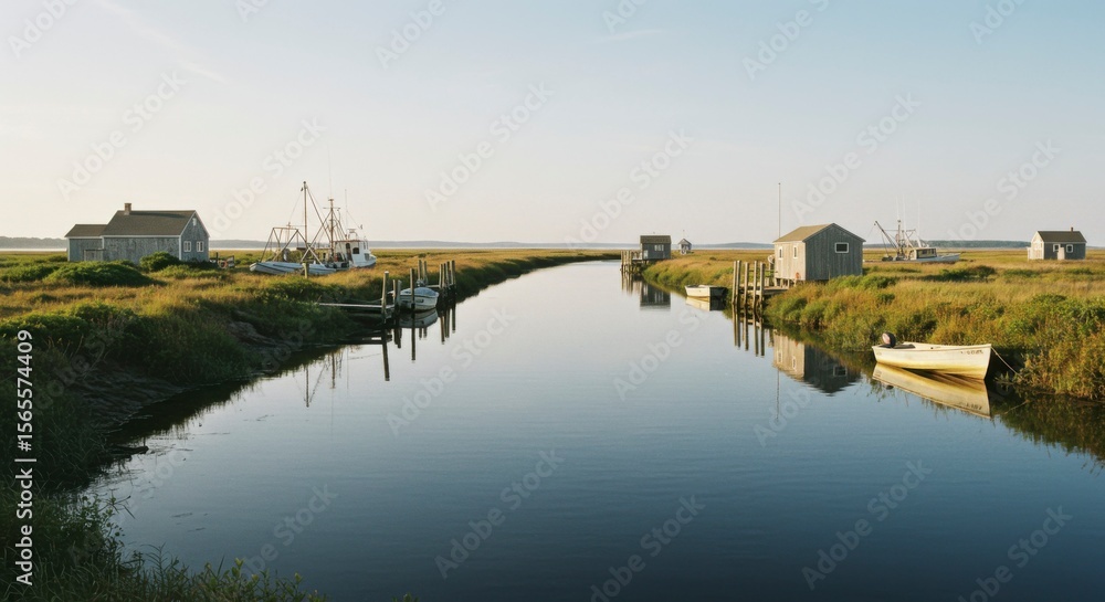 Fototapeta premium Calm waterway with small houses and fishing boats