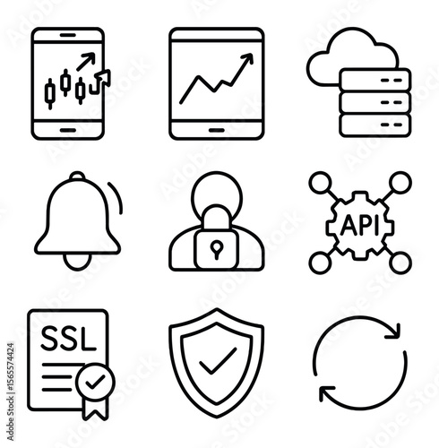 Online Trading Icons. Outline icon set of online trading: smartphone trading app, tablet chart, cloud server,