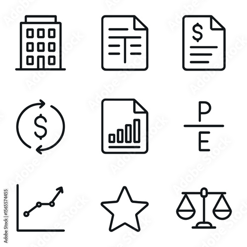 Financial Analysis Icons. Outline icon set of fundamental analysis: company building, balance sheet, income