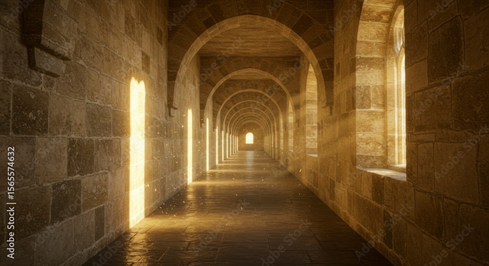 Fototapeta premium Ancient stone corridor bathed in golden sunlight