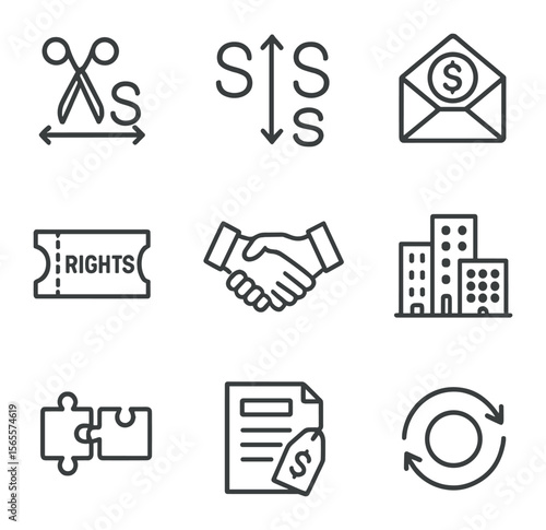 Corporate Action Icons. Outline icon set of corporate actions: stock split scissors, reverse split arrow,