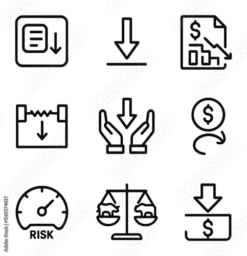 Short Selling Icons. Outline icon set of short selling: borrow shares icon, short arrow down, margin
