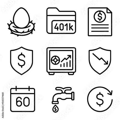 Retirement Investment Icons. Outline icon set of retirement investing: retirement nest egg, 401k folder,