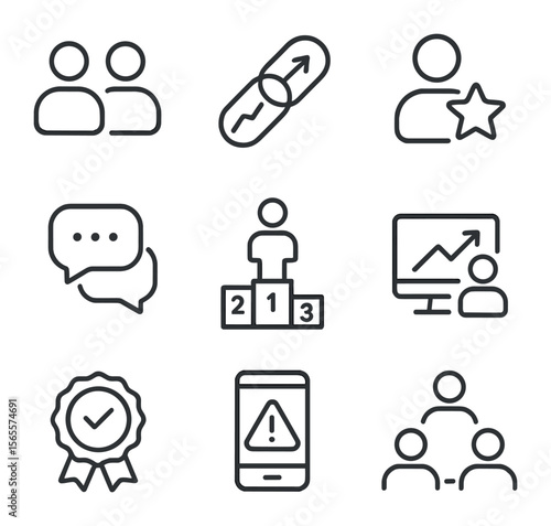 Social Trading Icons. Outline icon set of social trading: follower count icon, copy trade link, trader