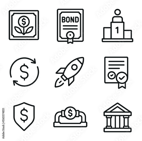Capital Markets Icons. Outline icon set of capital markets: equity share, debt bond, primary market podium,