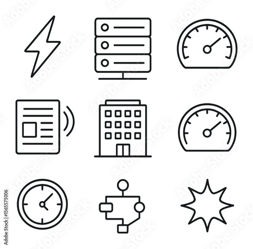 High-Frequency Trading Icons. Outline icon set of high-frequency trading: lightning bolt, server cluster,
