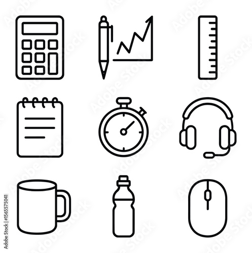 Trader Toolkit Icons. Outline icon set of trader tools: calculator, charting pen, ruler, note pad, stopwatch,
