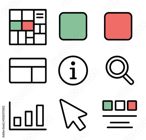 Market Heatmap Icons. Outline icon set of market heatmap: colored tile grid, gain tile green, loss tile red,
