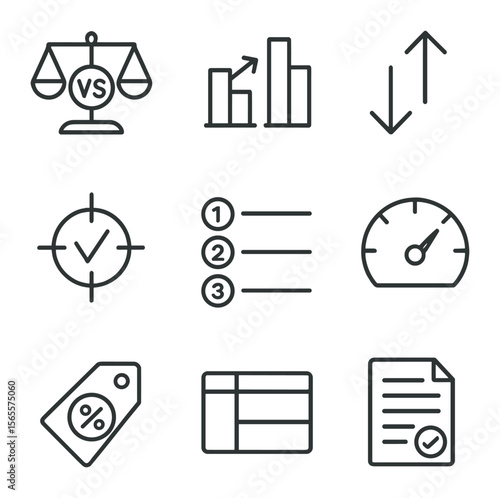 Financial Icons Grid. Outline icon set of financial comparison: vs scale, compare charts, difference arrow,