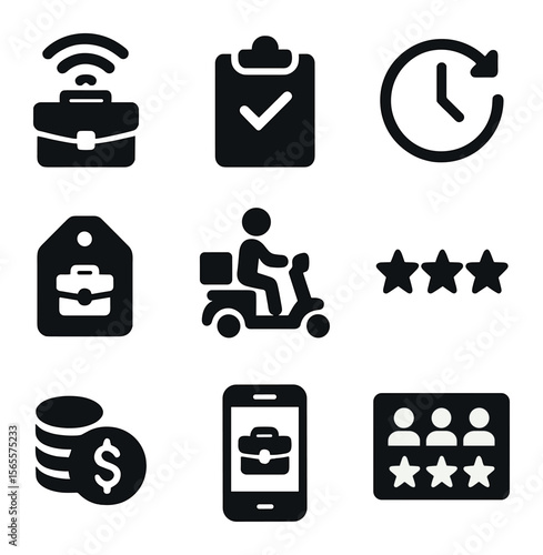 Gig Economy Icons. Solid, filled icons set of gig economy hiring: gig platform logo, short task icon, fast
