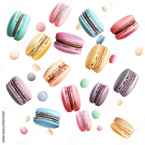 Various colorful of macarons floating air on white.png