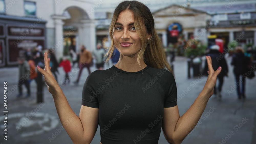 Fototapeta premium Young blonde woman shows bare arms in open palm shrug gesture in a crowded street; openness confidence.