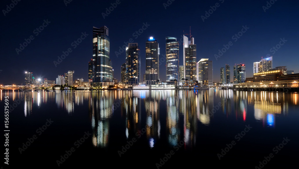 Fototapeta premium Illuminated city skyline reflected in dark water at night cityscape urban