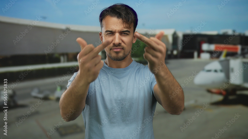 Fototapeta premium Young hispanic man making rude gestures at an airport with blurred airplanes in the background, conveying frustration and defiance in a casual travel setting outdoors.