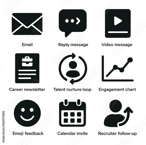 Candidate Engagement Icons. Solid, filled icons set of candidate engagement: email icon, reply message, video