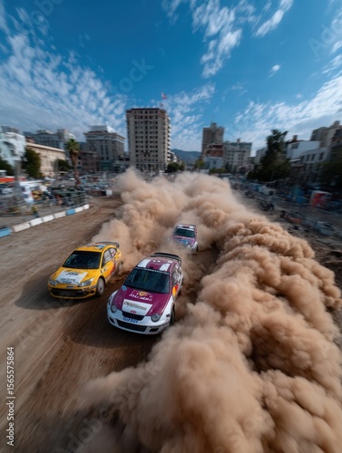 Action-packed rally car race on dusty dirt track with dust clouds and city buildings in the background