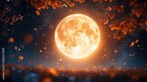 Full moon, autumn leaves, night sky