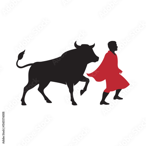 Angry Bull Running Toward Matador Silhouette