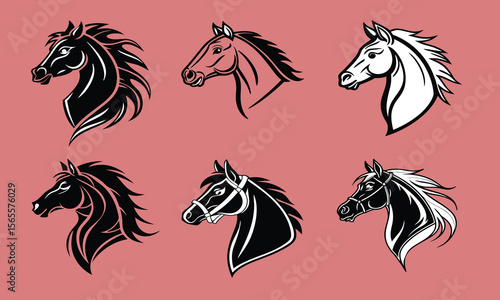 Set of Horse Head Vector Illustrations in Black and White on Pink Background – Stylized Equestrian Animal Design for Logos, Emblems, and Badges

