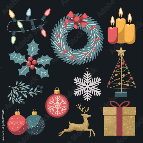 vector Happy New Year Celebrating 2025 in Latin letters , Christmas Decoration Items Santa Claus
