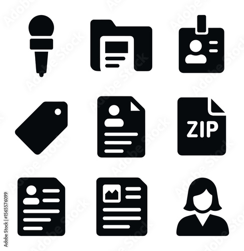 Press Kit Icons. Solid, filled icons set of press release & media kit: microphone icon, press folder, media