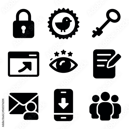 Early Access Icons. Solid, filled icons set of early access: unlock icon, early bird badge, exclusive key, pre