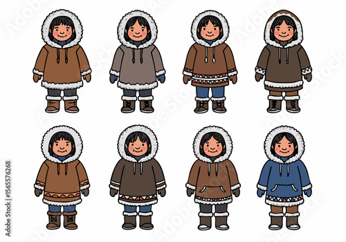 Cartoon illustration set of Arctic children wearing traditional parkas and boots, showcasing diverse outfits for cold weather and cultural representation.
