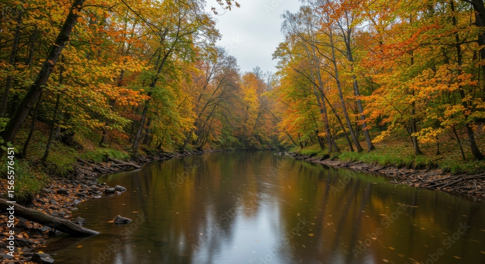 Fototapeta premium A tranquil river flows through a forest in autumn, with vibrant fall foliage reflected on the water's smooth surface