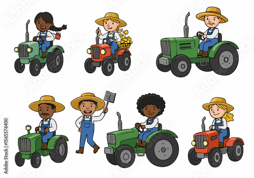 Collection of diverse cartoon farmers, including children and adults in straw hats and overalls, driving tractors and working with farming tools on a white background.