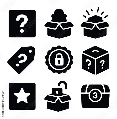 Mystery Box Icons. Solid, filled icons set of mystery box reveal: question box, shadow item, hidden surprise,