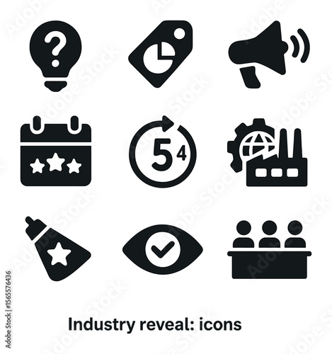 Industry Icon Grid. Solid, filled icons set of industry reveal: niche teaser icon, category tag, press hint,