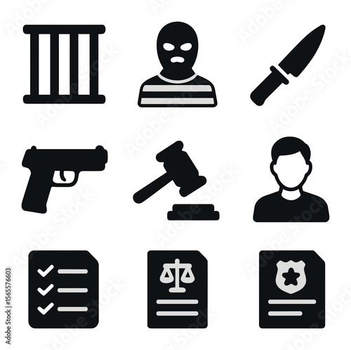 Criminal Law Icons. Solid, filled icons set of criminal law: jail bars, masked thief, knife icon, gun symbol,