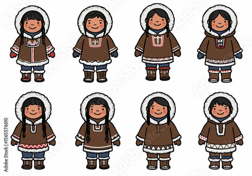 Cute cartoon illustration set of smiling Inuit children in traditional winter clothing and fur hoods on a white background.