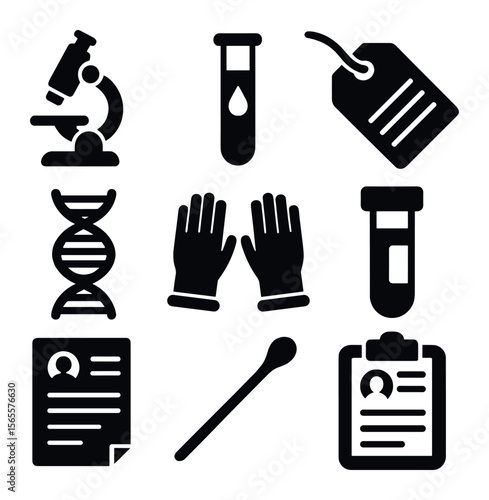 Forensic Tools Icons. Solid, filled icons set of forensics: microscope, blood test, evidence label, forensic