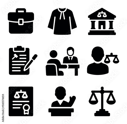 Legal Icons Set. Solid, filled icons set of legal profession: lawyer briefcase, court robe, law firm building,