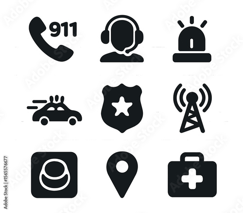 Emergency Response Icons. Solid, filled icons set of emergency response: 911 phone, dispatcher headset,