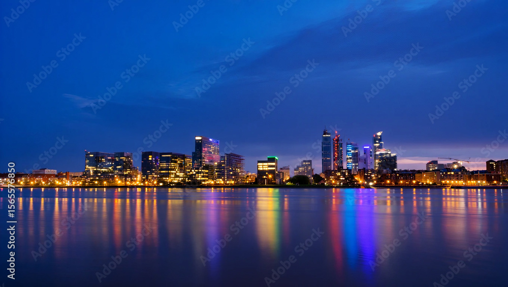 Fototapeta premium Illuminated city skyline at dusk with water reflections buildings architecture
