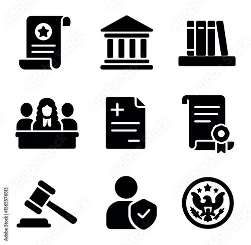 Constitutional Law Icons. Solid, filled icons set of constitutional law: legal constitution scroll, national