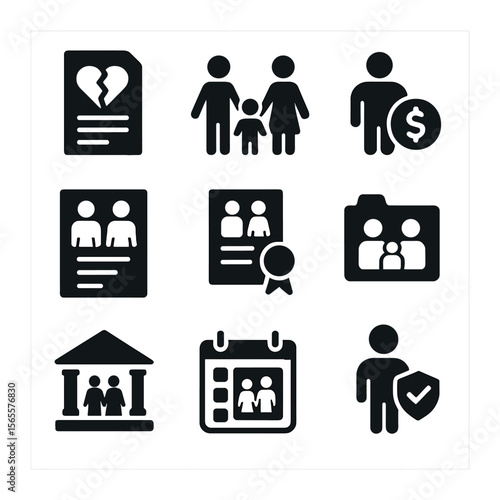 Family Law Icons. Solid, filled icons set of family law: divorce papers, custody icon, child support,