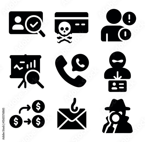 Fraud Investigation Icons. Solid, filled icons set of fraud investigation: fake ID, credit card scam,