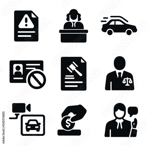 Traffic Court Icons. Solid, filled icons set of traffic court: traffic ticket, judge desk, speeding icon,