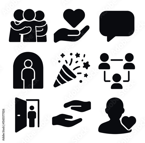 Modern Workplace Icons. Solid, filled icons set of belonging at work: team hug, heart in hand, speech bubble,
