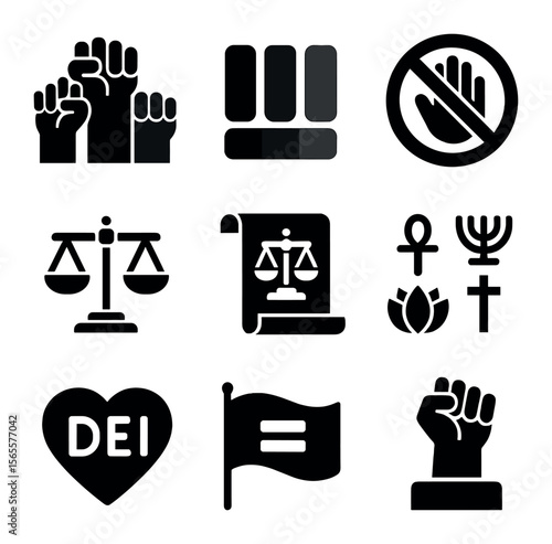 Racial Equity Icons. Solid, filled icons set of racial equity: unity fists, skin tone palette, antiracism