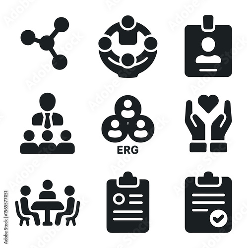 ERG Icons Grid. Solid, filled icons set of employee resource groups (ERGs): network icon, support circle,
